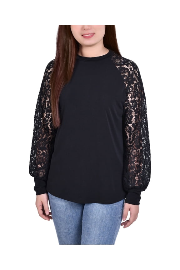 Petite Knit Crepe Top With Long Lace Balloon Sleeves