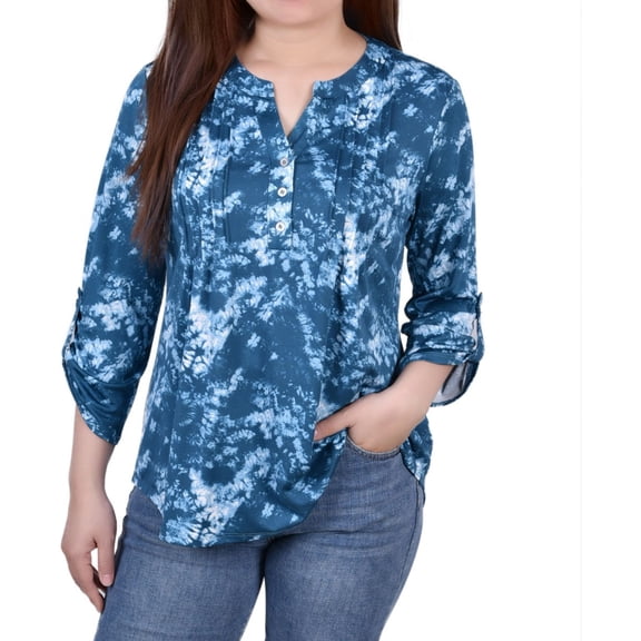 NY Collection Womens Printed Pintuck Henley Shirt, Blue, Petite, PM