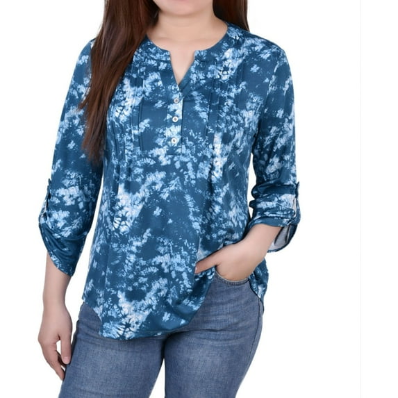 NY Collection Womens Printed Pintuck Henley Shirt, Blue, Petite, PM