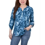 NY COLLECTION Petite Knit Jacquard 3/4 Sleeve Roll Tab Pintuck Top Peacock Blue Tiedye PS