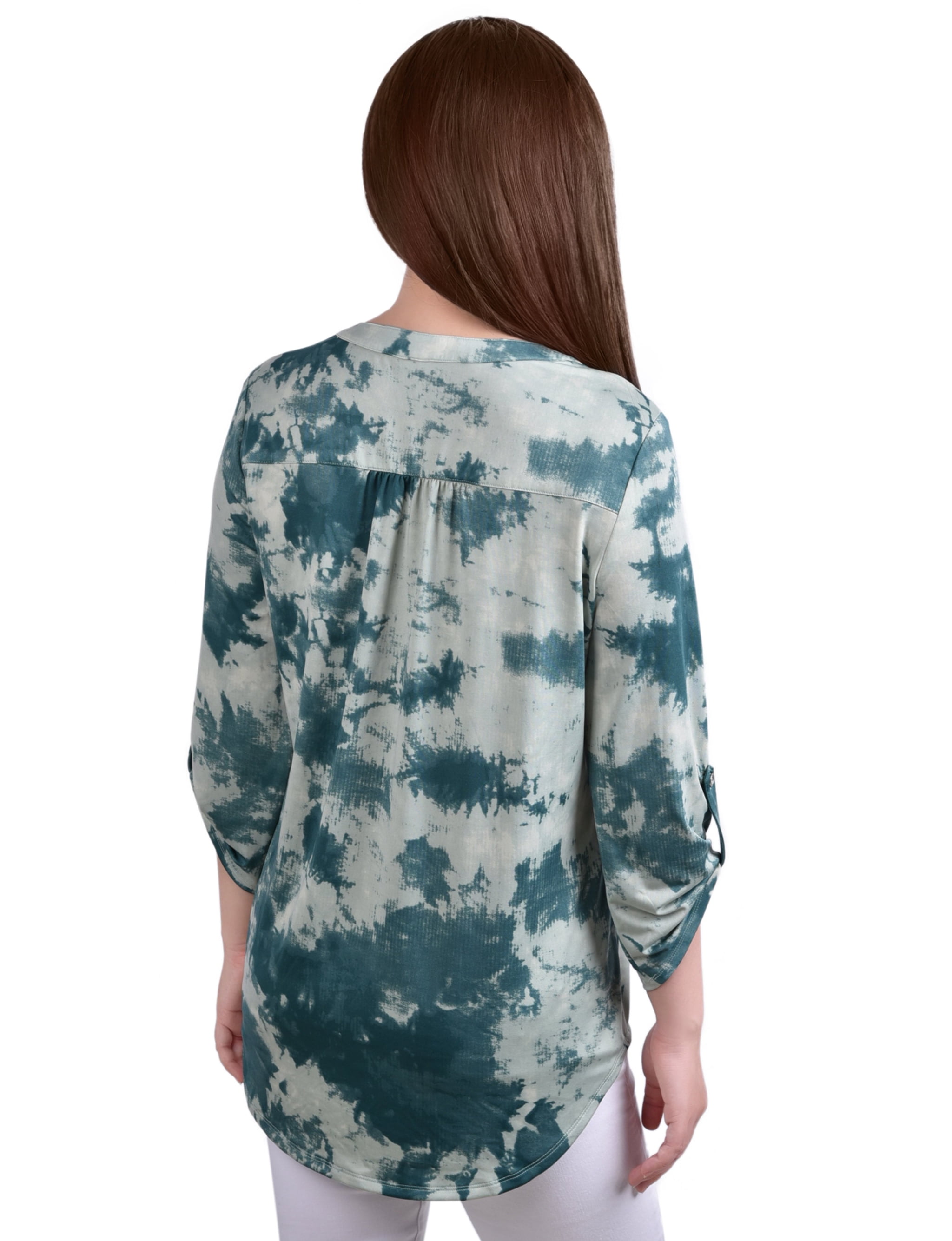 NY Collection Petite Knit Jacquard 3/4 Sleeve Roll Tab Pintuck Top ...