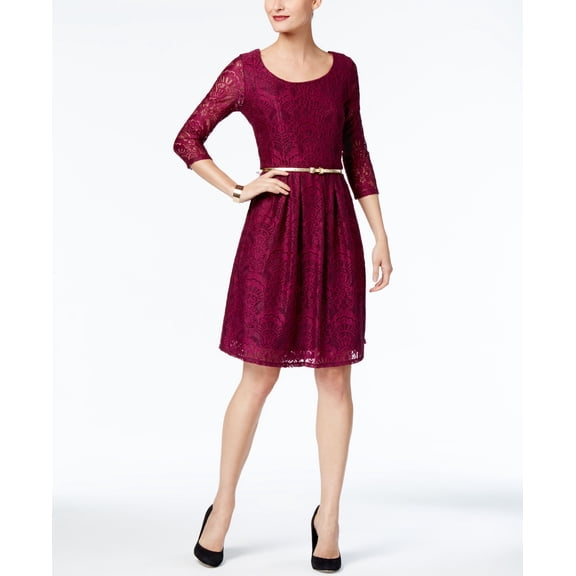 NY Collection Petite Lace Fit Flare Dress Plum Antiquelac PS