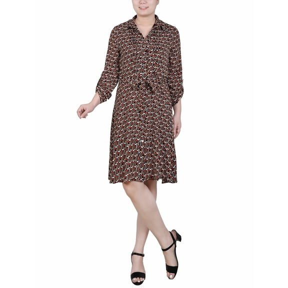 NY Collection Petite Long Roll Tab Sleeve Dobby Dress