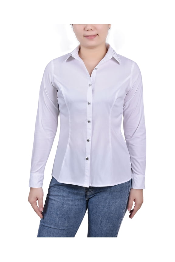 Petite Long Sleeve Button Front Blouse White PL