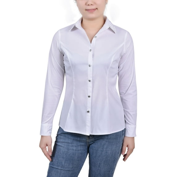NY Collection Petite Long Sleeve Button Front Blouse White PM
