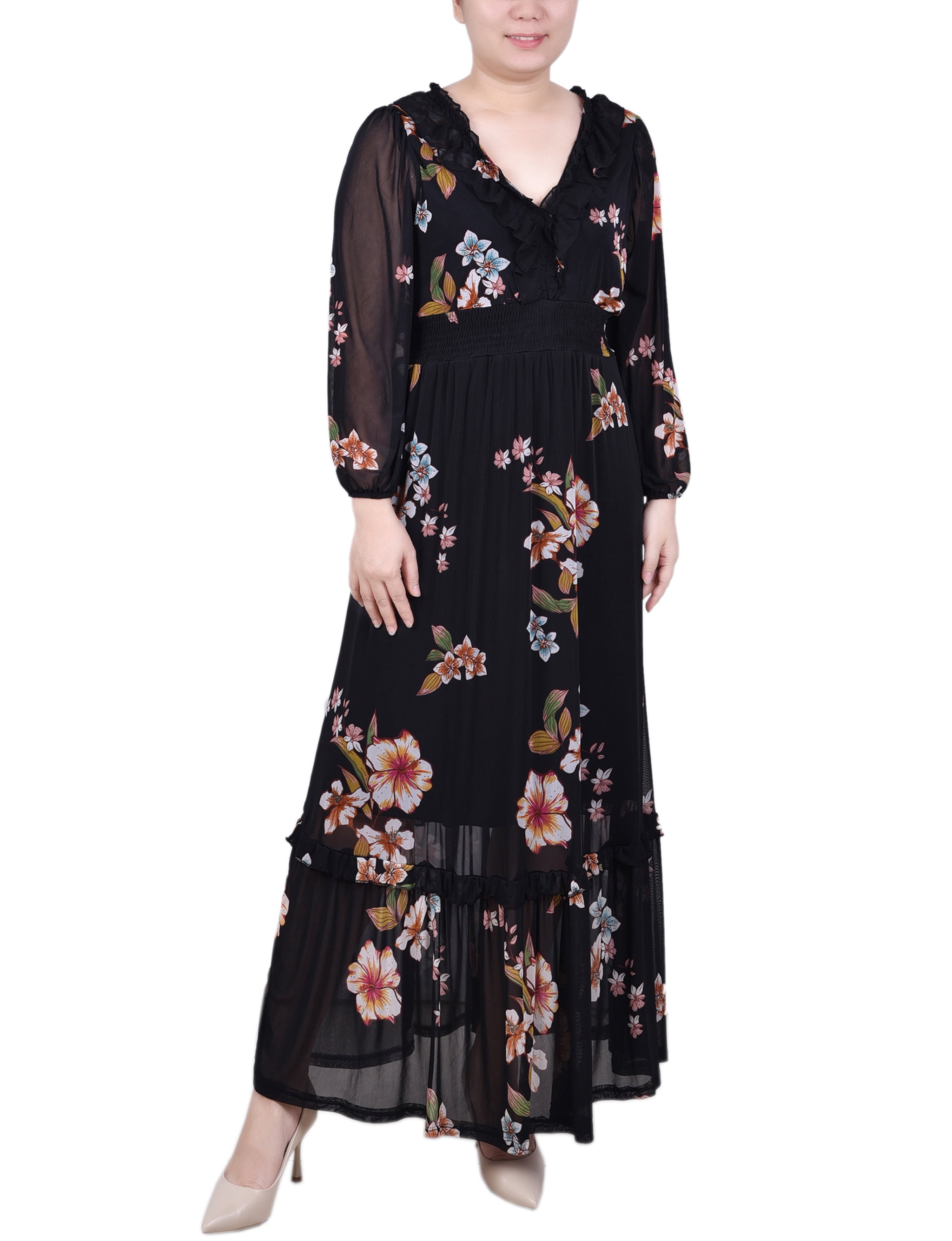NY Collection Petite Long Sleeve Mesh Maxi Dress - Walmart.com