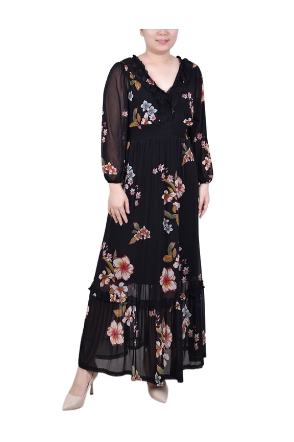 Petite Long Sleeve Mesh Maxi Dress