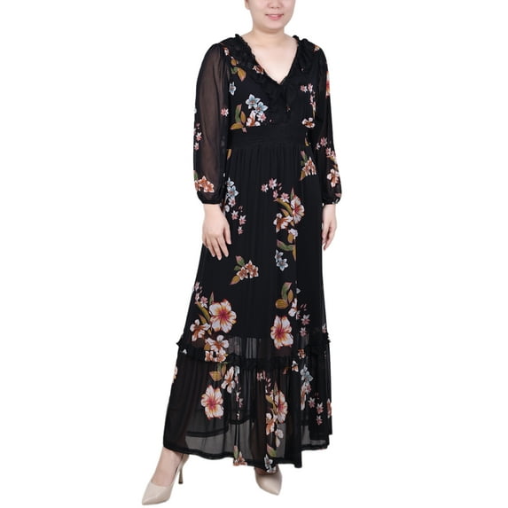 NY Collection Petite Long Sleeve Mesh Maxi Dress