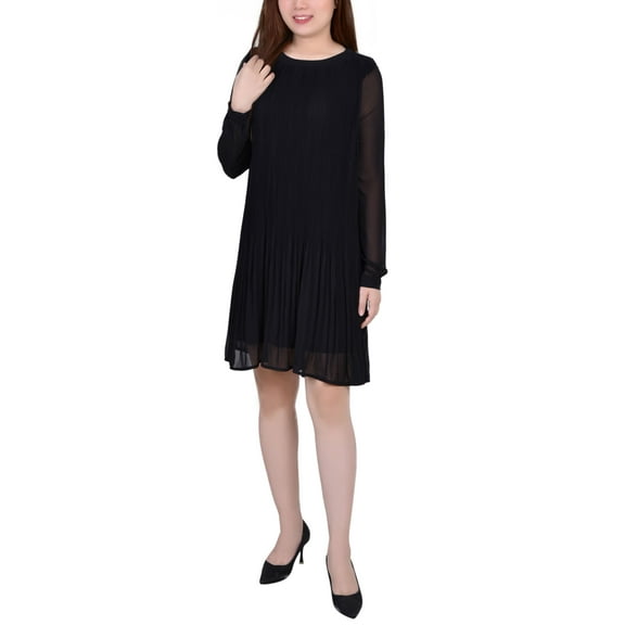 NY Collection Petite Long Sleeve Pleated Dress Black PXL