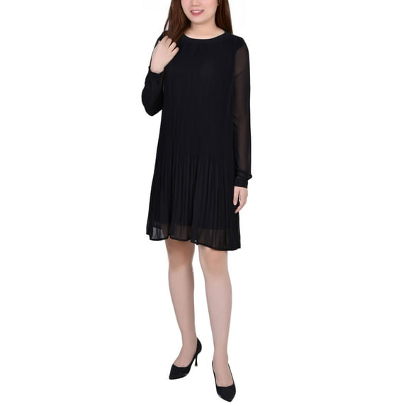 NY Collection Petite Long Sleeve Pleated Dress Black PXL