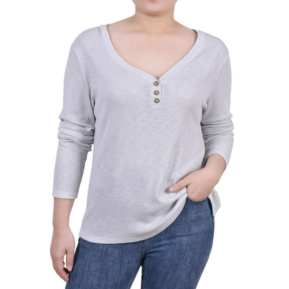 NY Collection Womens Ribbed Henley Shirt, Grey, Petite, PXL