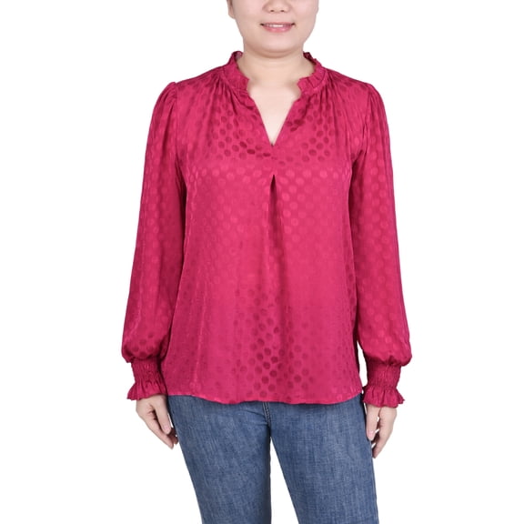 NY Collection Petite Long Sleeve Smocked Cuff Blouse