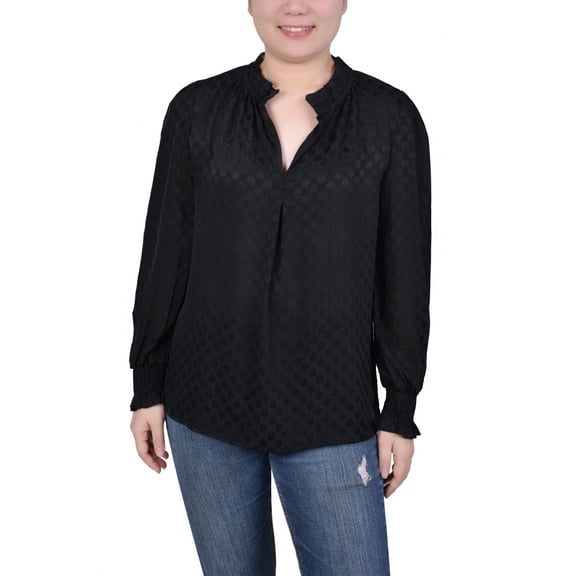 NY Collection Petite Long Sleeve Smocked Cuff Blouse