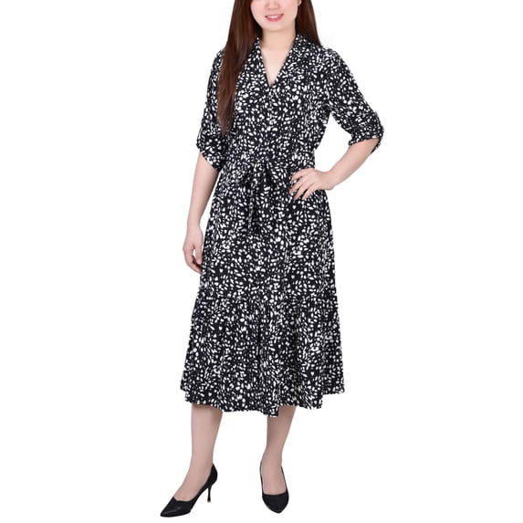 NY Collection Petite Long Sleeve Tiered Dress With Belt Ivory Brushed PXL