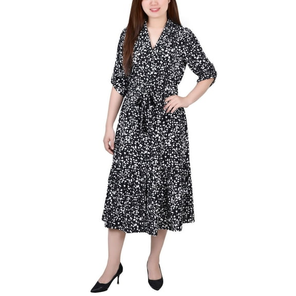 NY Collection Petite Long Sleeve Tiered Dress With Belt Ivory Brushed PXL