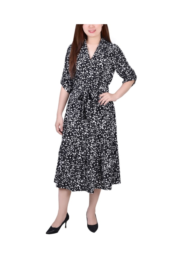 Petite Long Sleeve Tiered Dress With Belt Ivory Brushed PXL