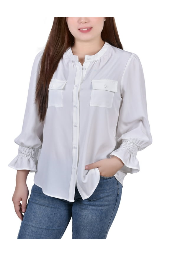 Petite Long Sleeve Y Neck Blouse