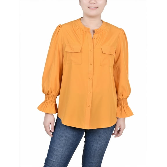 NY Collection Petite Long Sleeve Y Neck Blouse