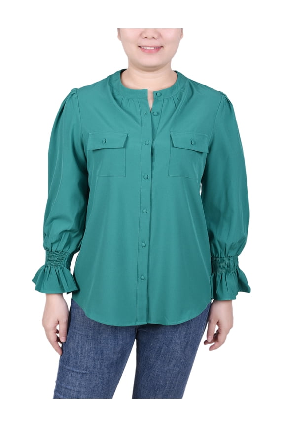 Petite Long Sleeve Y Neck Blouse