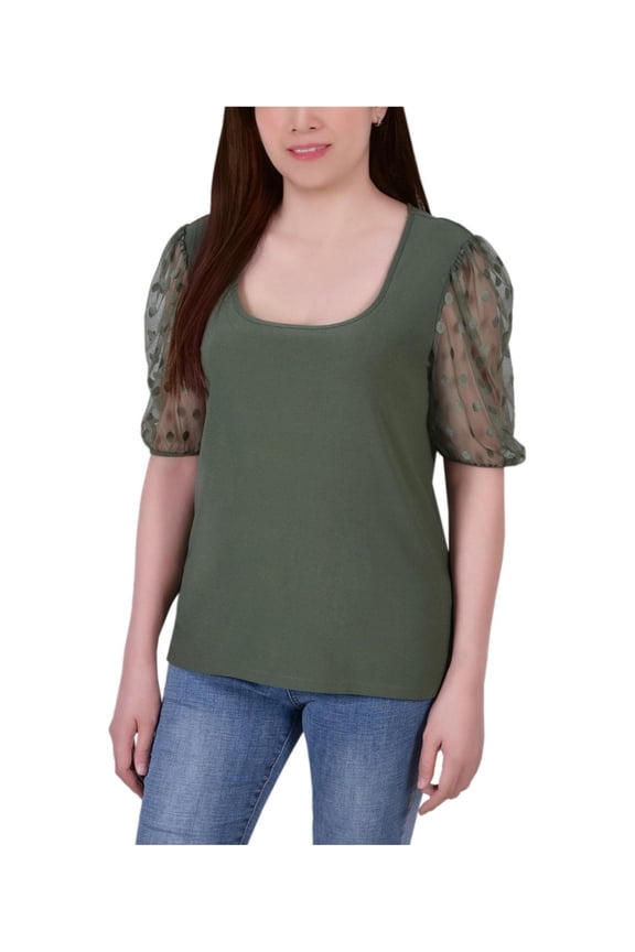 Womens Mesh Dot Knit Blouse, Green, Petite, PM