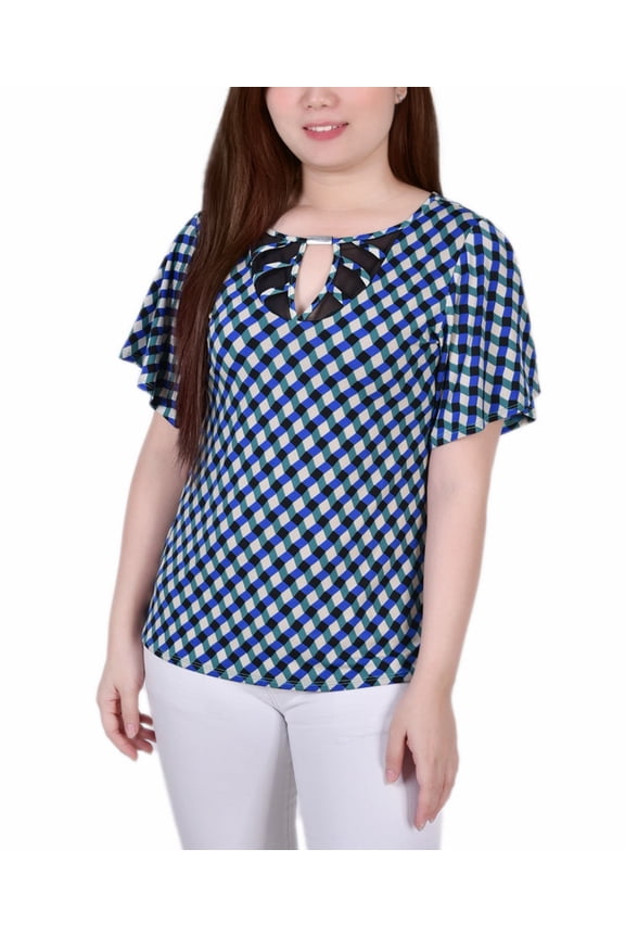 NY Collection Petite Mesh Flutter Sleeve Knit Top Deep Lake Limoges PL