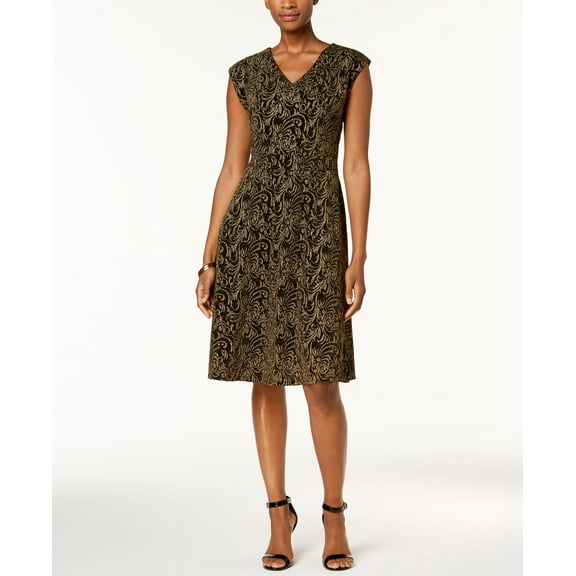NY Collection Petite Metallic Printed Fit Flare Dress Gold Abiko PM