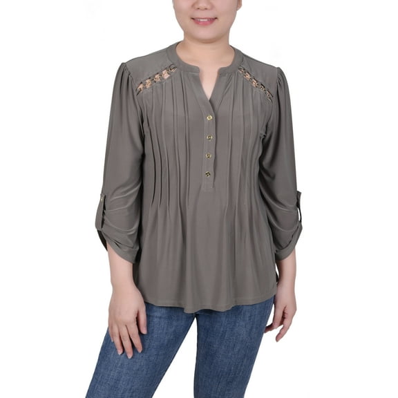 NY Collection Petite Pintuck Front Top With Chain Details