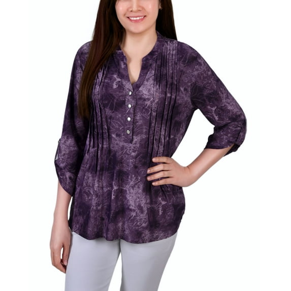 NY Collection Petite Pintuck Roll Tab Sleeve Top Purple Tie Dye PS