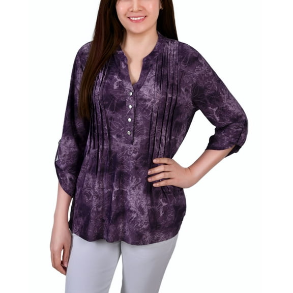NY Collection Petite Pintuck Roll Tab Sleeve Top Purple Tie Dye PS