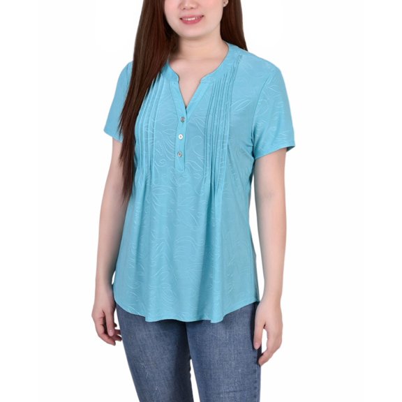 NY Collection Petite Pintuck Short Sleeve Top Blue Curacao PXL