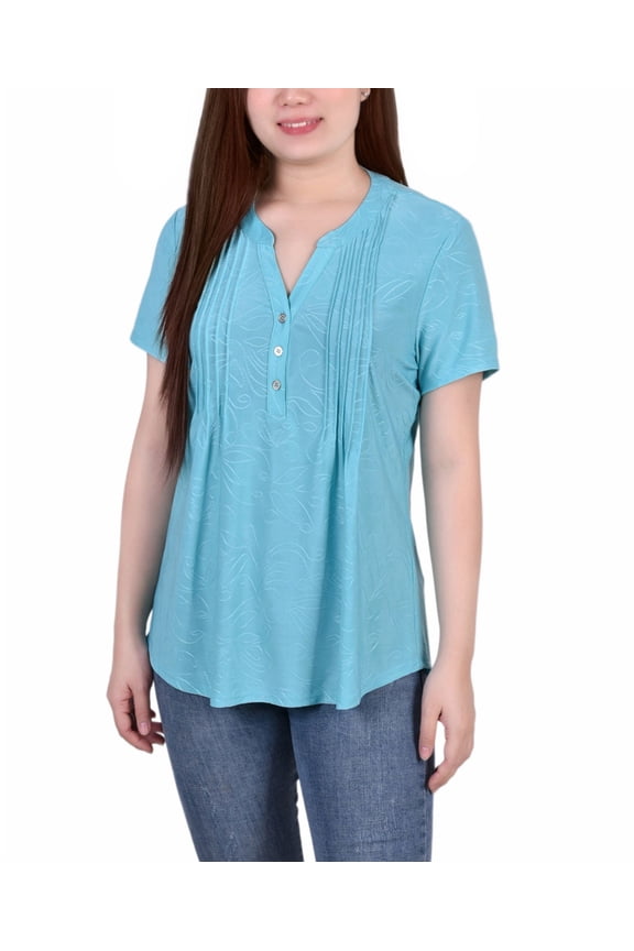Petite Pintuck Short Sleeve Top Blue Curacao PXL