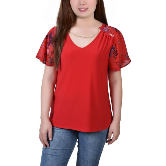 NY Collection Petite Printed Chiffon Sleeve V Neck Necklace Top Red Floral PXL