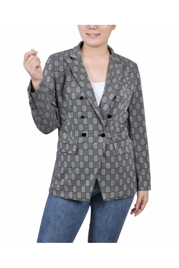 Petite Printed Double Breasted Blazer Black White Plaid PM