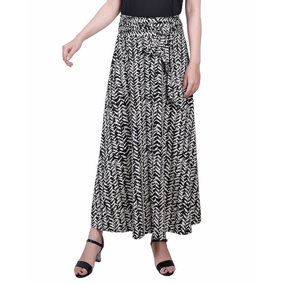 NY Collection Petite Printed Maxi Skirt With Sash Waist Tie Black Ivory Chervon PXL