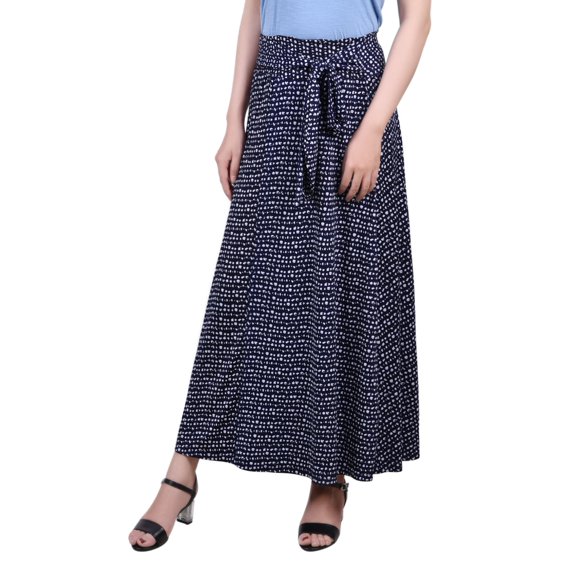 NY Collection Petite Printed Maxi Skirt With Sash Waist Tie Navy Snowpop PL
