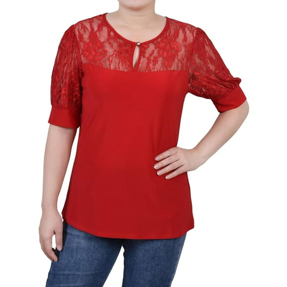 NY Collection Womens Puff Lace Sleeve Knit Blouse, Red, Petite, PL