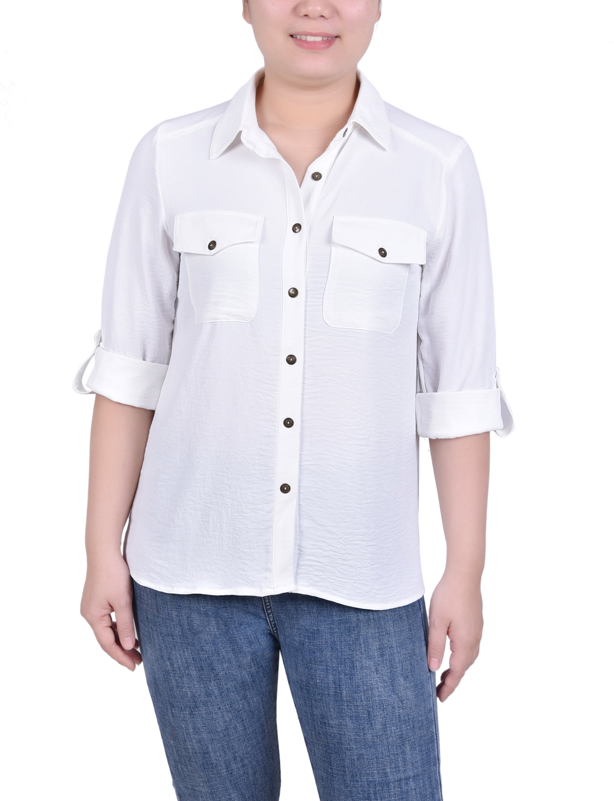 売れ筋商品|||ニューヨークコレクション カットソー トップス レディース Petite Long Tab-Sleeve Blouse with Pockets Ivory NY Collection Petite Roll Tab Blouse - Walmart.com