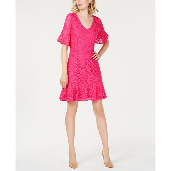 NY Collection Petite Ruffled Lace Dress Magenta Morelace PS