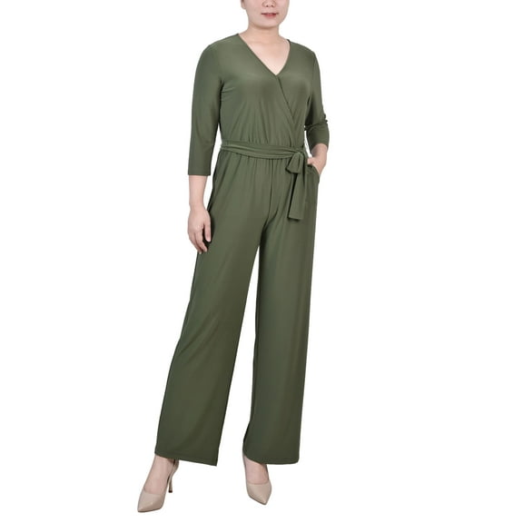 NY Collection Petite Short 3/4 Sleeve Belted Wide Leg Jumpsuit Oil Green PXS