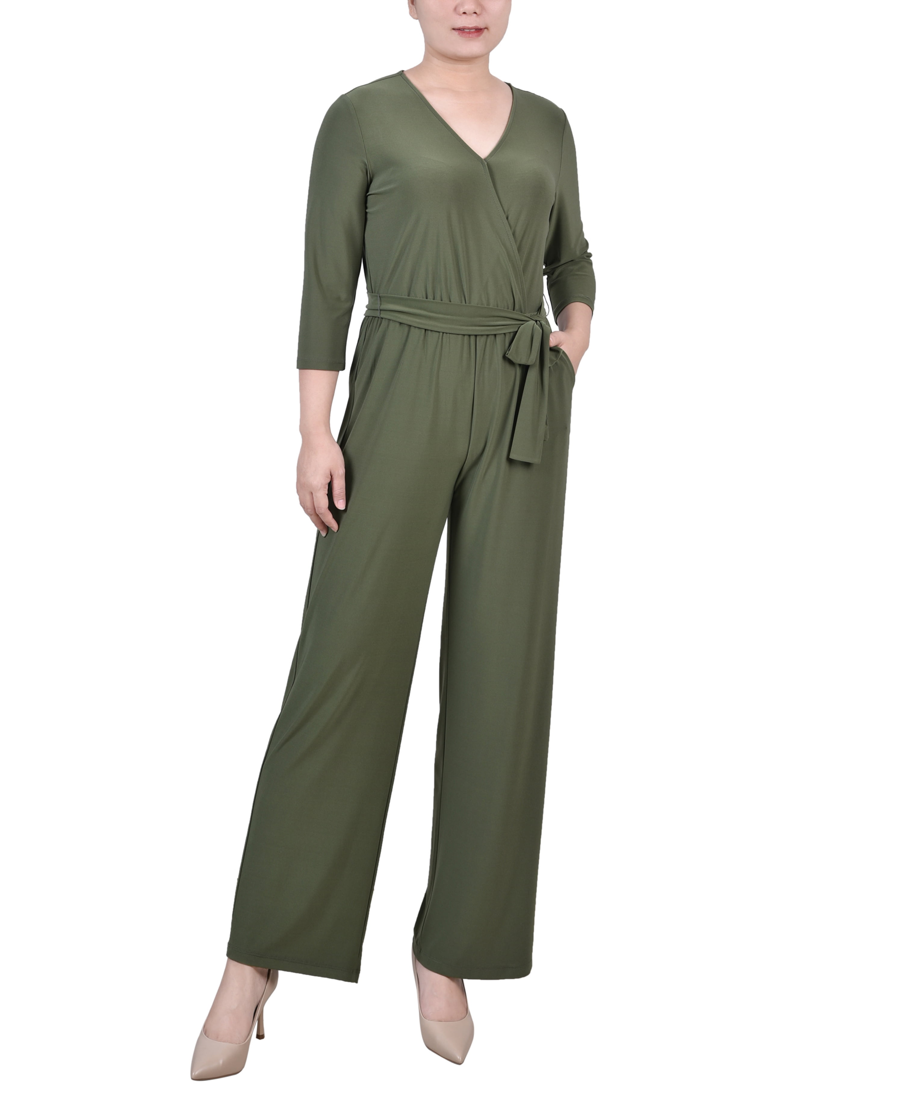 Polka Dot 3/4 Sleeve Belted Jumpsuit