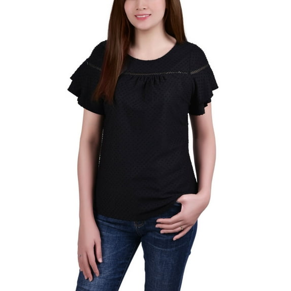 NY Collection Petite Short Double Flutter Sleeve Swiss Dot Top Black PL