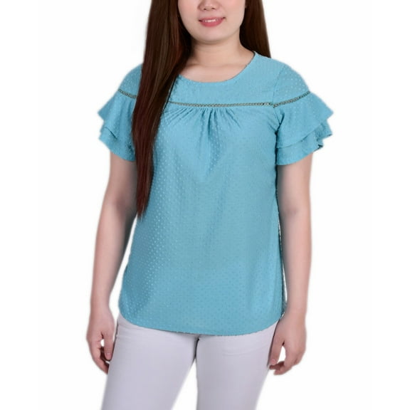 NY Collection Petite Short Double Flutter Sleeve Swiss Dot Top Capri PM