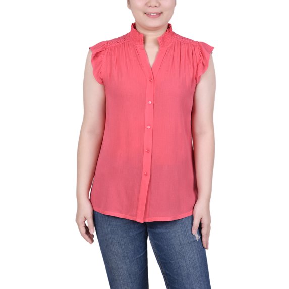 NY Collection Petite Short Flutter Sleeve Crepon Blouse