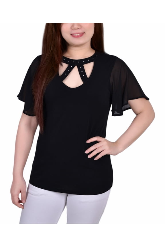 Petite Short Flutter Sleeve Top With Rhinestone Studs Black PXL
