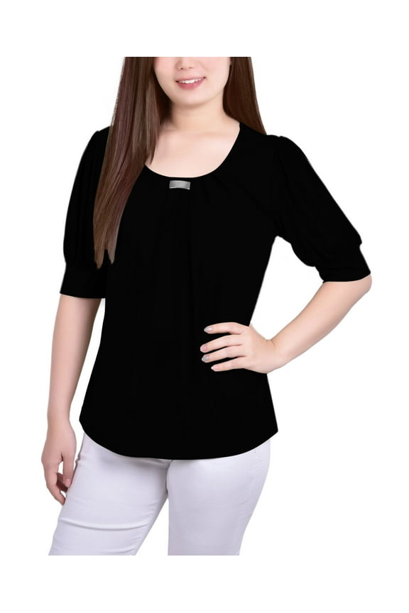 Petite Short Sleeve Balloon Sleeve Top Black PXL