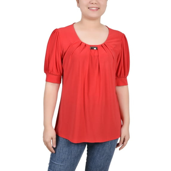 NY Collection Petite Short Sleeve Balloon Sleeve Top With Hardware