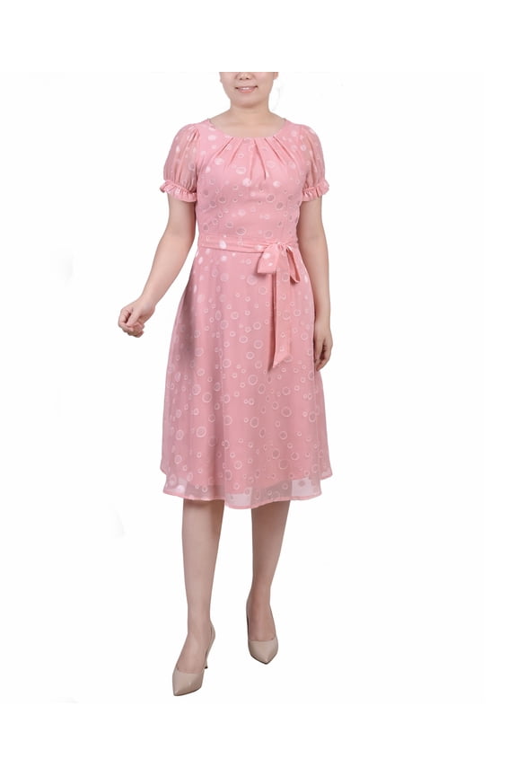 Petite Short Sleeve Belted Swiss Dot Dress Mellow Rose Multi Circle PM