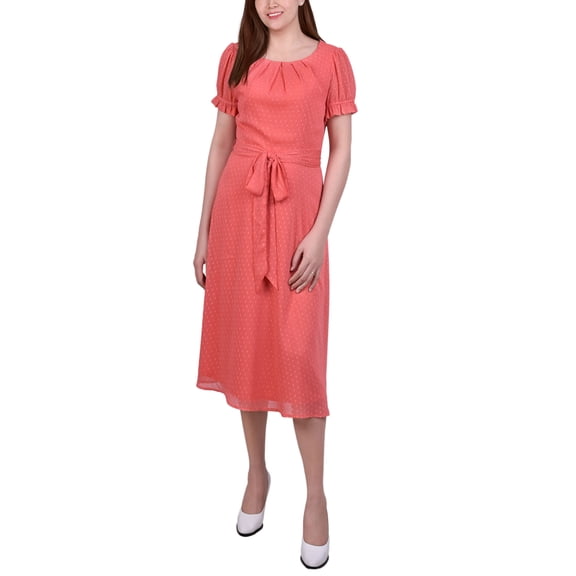 NY Collection Petite Short Sleeve Belted Swiss Dot Dress Spiced Coral Rectangle PXL