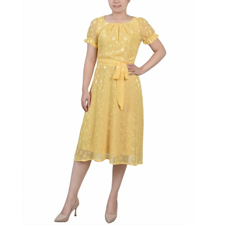 NY Collection Petite Short Sleeve Belted Swiss Dot Dress Yellow Multi Circle PL