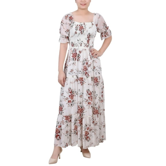 NY Collection Petite Short Sleeve Smocked Maxi Dress Ivory Floral PS